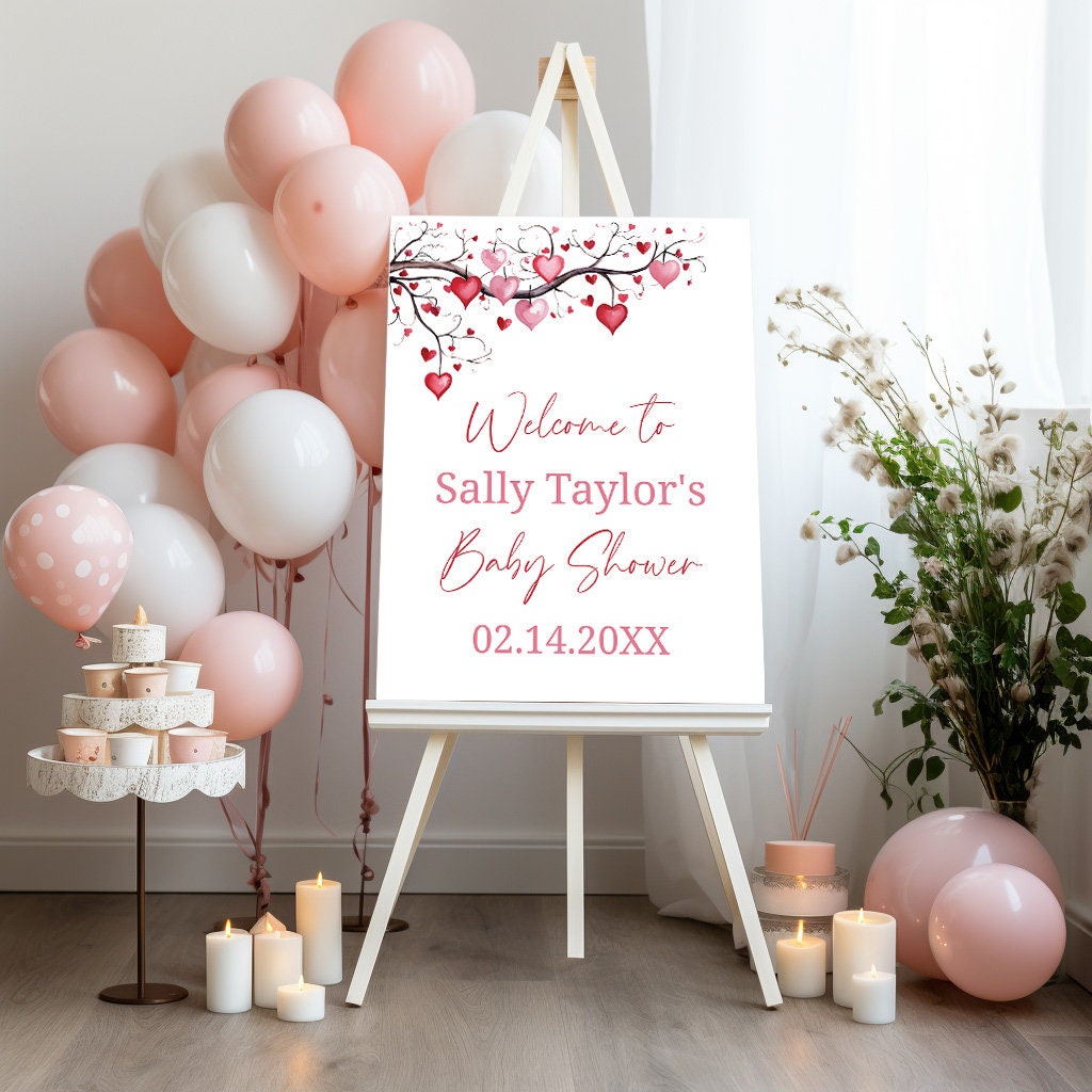 Valentines baby shower welcome sign, Little Sweetheart Valentines Day editable template, Pink tree heart leaves Instant Download,  VB001