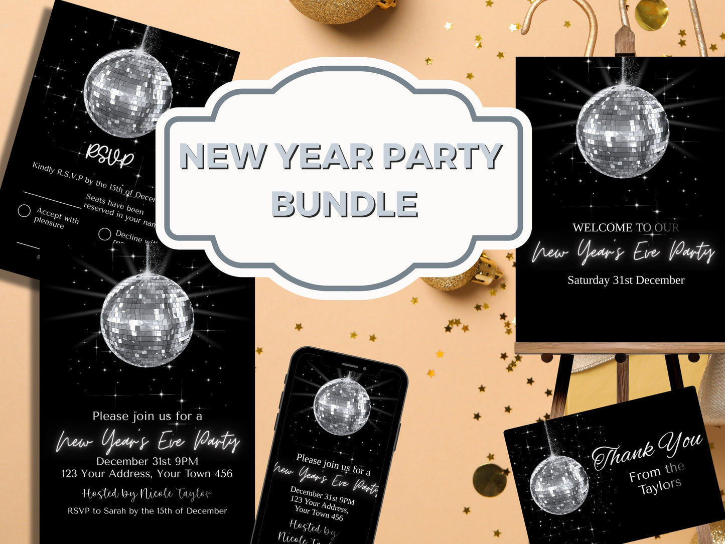 New Years Eve disco ball party bundle instant download, Editable holiday disco mirror ball, Edit with TEMPLETT, New Years Party, XM021