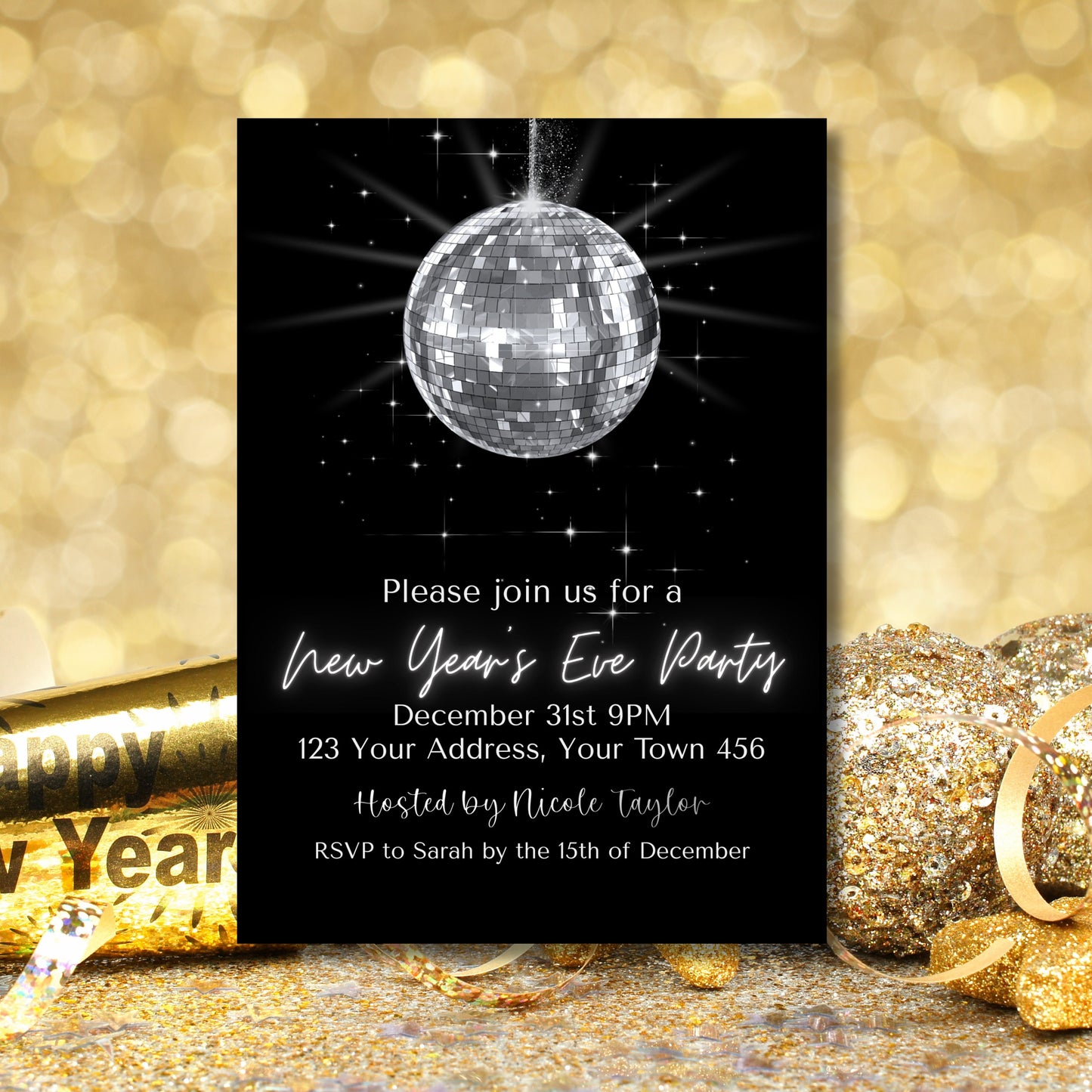 New Years Eve disco ball party bundle instant download, Editable holiday disco mirror ball, Edit with TEMPLETT, New Years Party, XM021