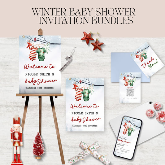 A merry little baby shower bundle customisable template, Christmas Winter baby, Santa Baby shower, Edit with TEMPLETT, winter baby,  XM013