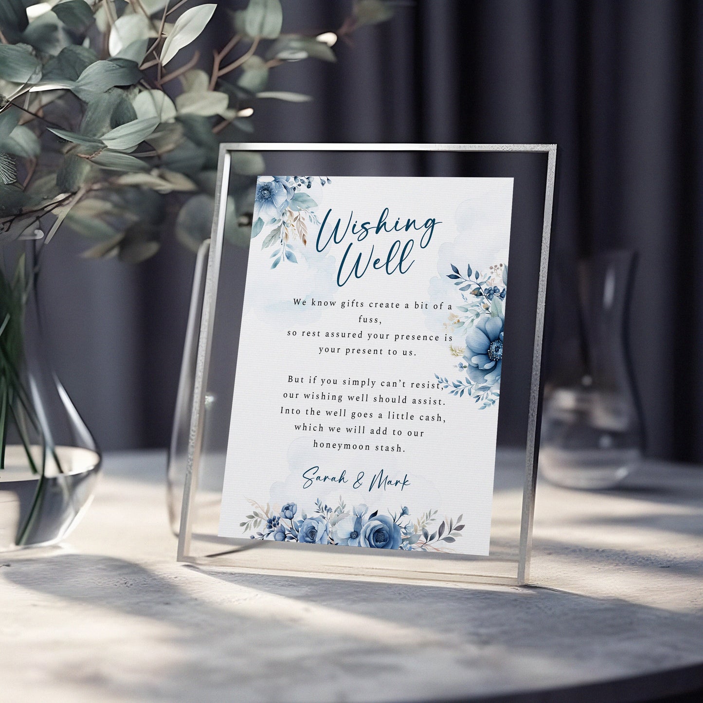 Watercolour Dusty Blue Wedding Wishing Well Card Template, 8x10 Editable Sign, Blue Floral Wedding Card, Bridal Sign, Gift Request,  WM006