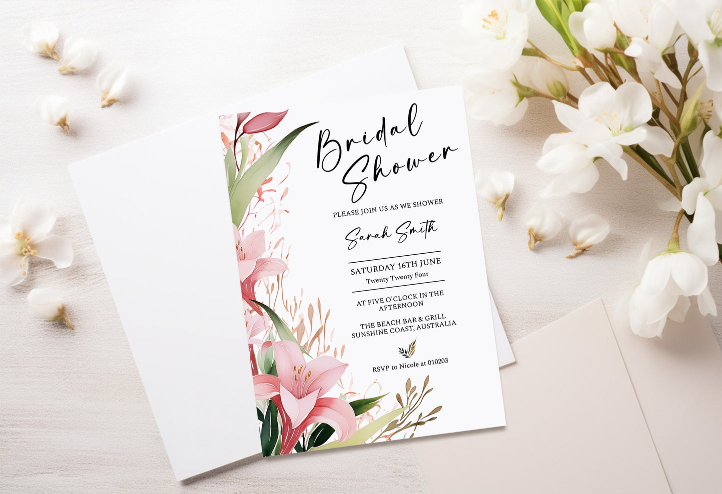 Pink Lily Bridal Shower Invitation, Spring Wedding, Gorgeous floral wedding, pink flowers, foliage, outdoor nuptials, 5x7, 4x6, Evite WM002