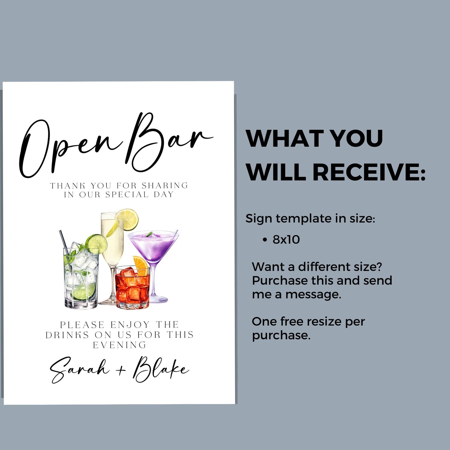 Watercolour cocktails open bar menu, 8x10 Editable table sign, wedding drink sign, bar menu template, modern bar sign, wedding table signs