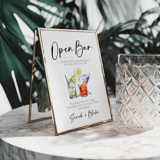 Watercolour cocktails open bar menu, 8x10 Editable table sign, wedding drink sign, bar menu template, modern bar sign, wedding table signs