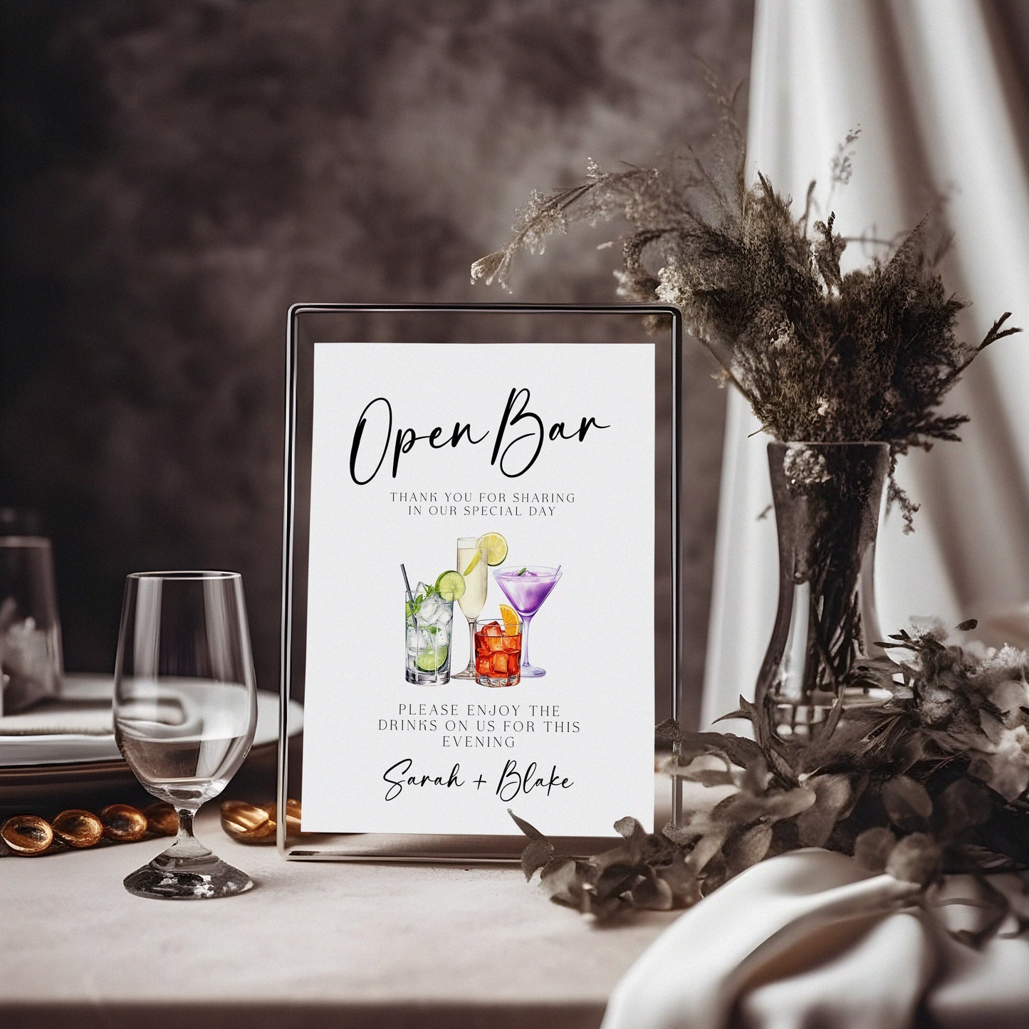 Watercolour cocktails open bar menu, 8x10 Editable table sign, wedding drink sign, bar menu template, modern bar sign, wedding table signs