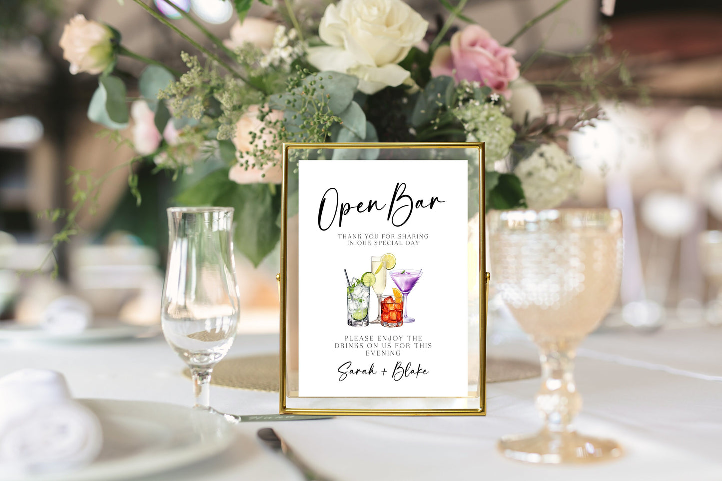 Watercolour cocktails open bar menu, 8x10 Editable table sign, wedding drink sign, bar menu template, modern bar sign, wedding table signs