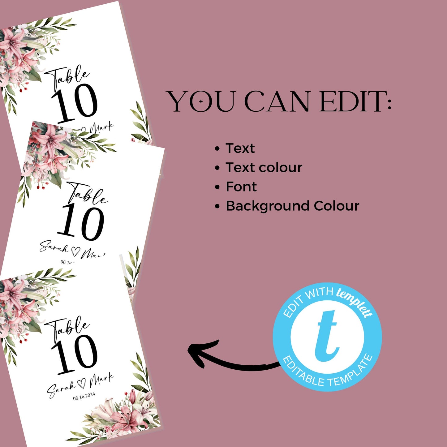 Lily Wedding Table Number Customisable Template, Pink Lily Flower PNG, Floral Watercolour Table Signs Wedding, Script Wedding Sign,  WM002