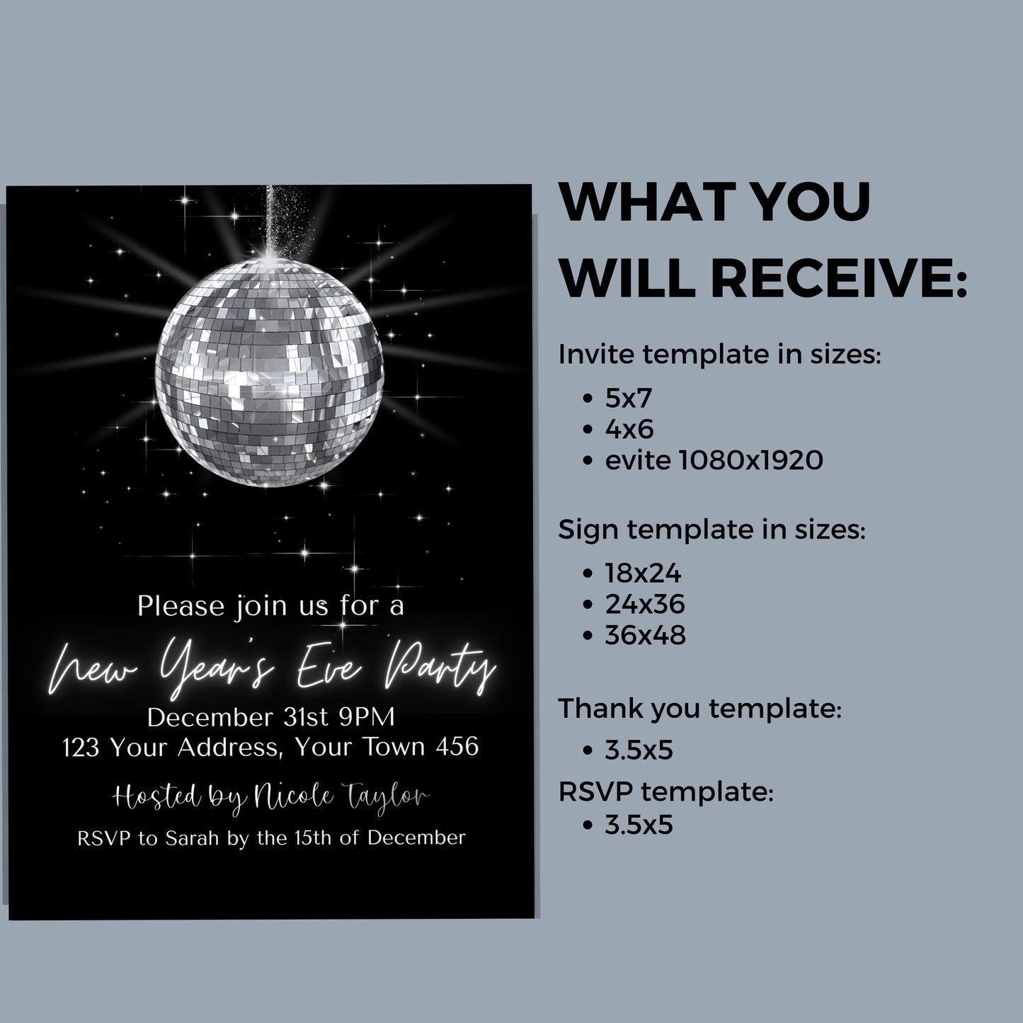 New Years Eve disco ball party bundle instant download, Editable holiday disco mirror ball, Edit with TEMPLETT, New Years Party, XM021