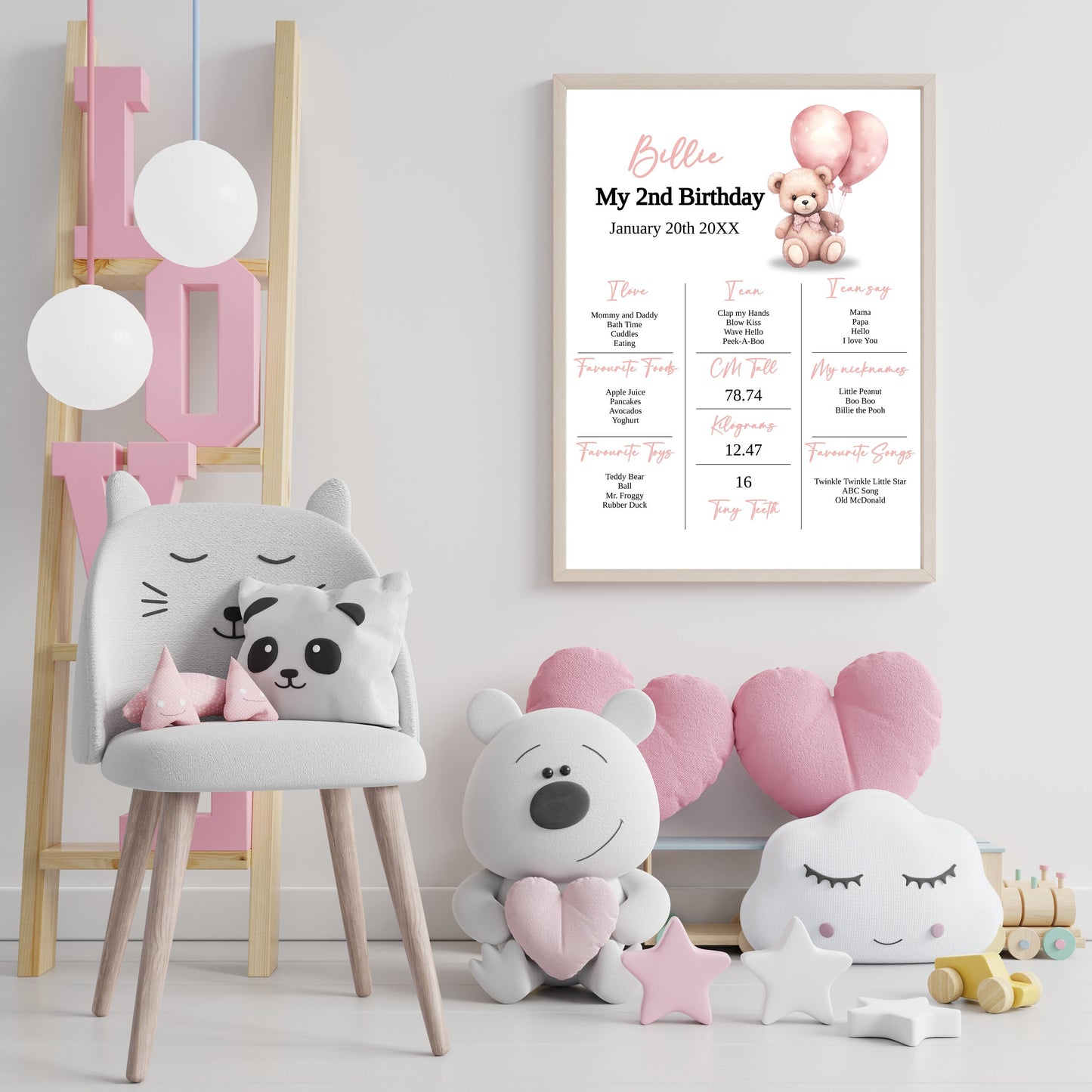 Editable Milestone Poster, Girls second birthday Teddy Bear Milestone, 2nd Birthday editable milestone template, watercolor pink bear, CB001