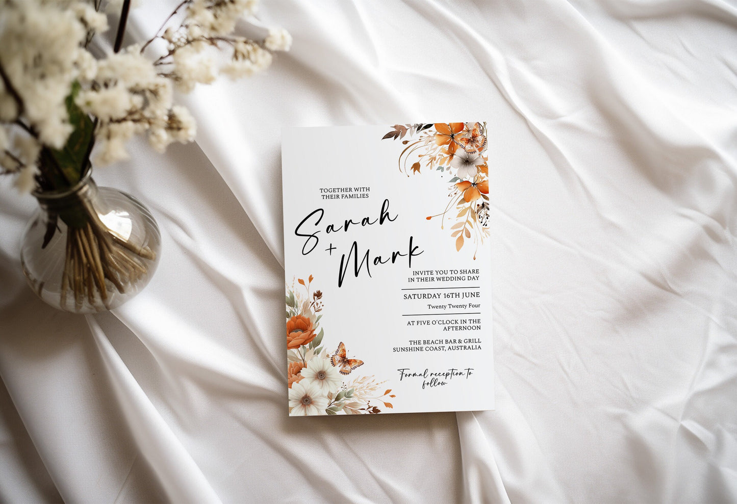 Watercolour Terracotta Wedding Fall Floral Customisable Wedding Template ,Terracotta Rose Card , Edit with TEMPLETT, 4x6, 5x7, evite WM003