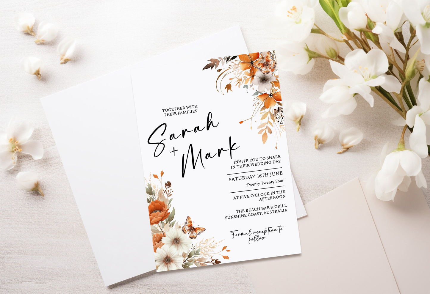 Watercolour Terracotta Wedding Fall Floral Customisable Wedding Template ,Terracotta Rose Card , Edit with TEMPLETT, 4x6, 5x7, evite WM003