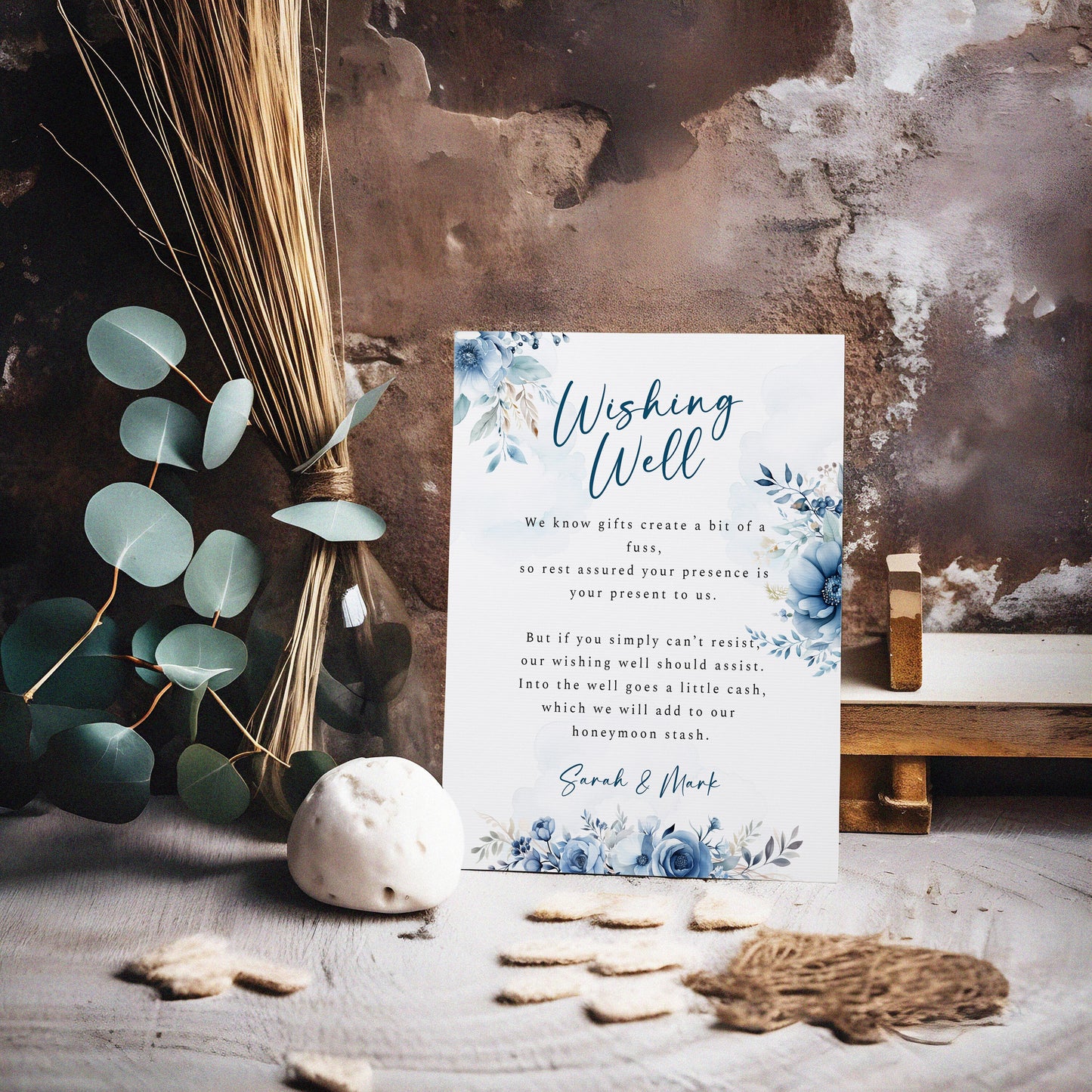 Watercolour Dusty Blue Wedding Wishing Well Card Template, 8x10 Editable Sign, Blue Floral Wedding Card, Bridal Sign, Gift Request,  WM006