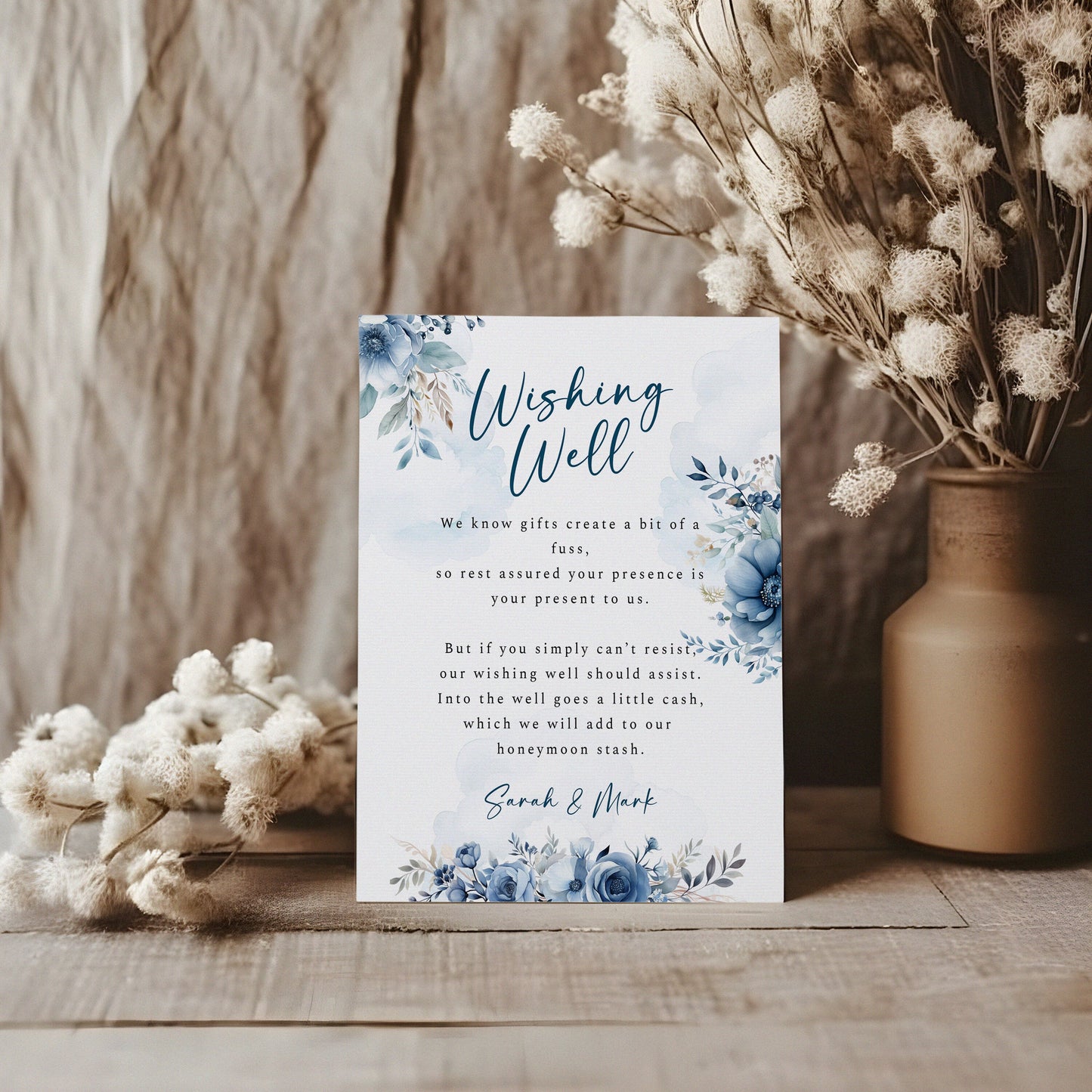 Watercolour Dusty Blue Wedding Wishing Well Card Template, 8x10 Editable Sign, Blue Floral Wedding Card, Bridal Sign, Gift Request,  WM006