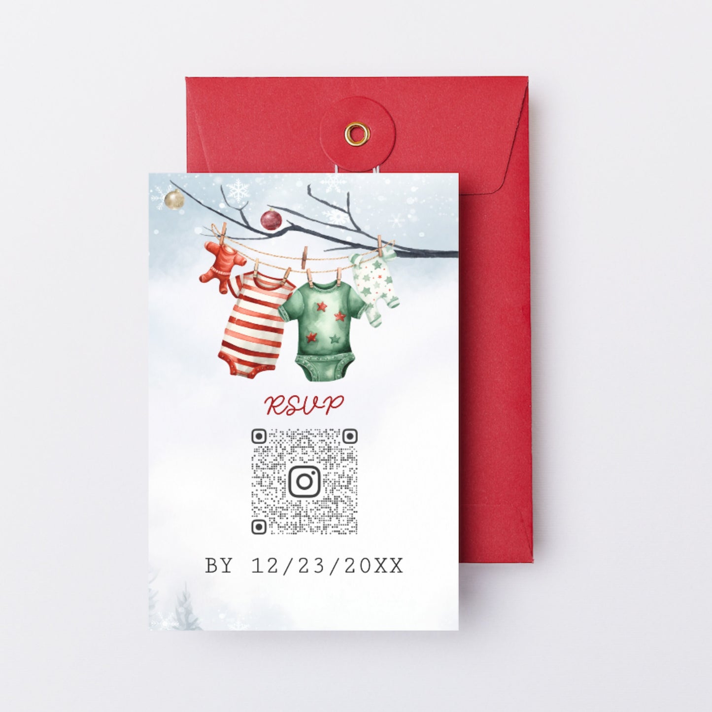 A merry little baby shower RSVP card with QR Code, Winter baby shower custom template, Santa Baby, Edit with TEMPLETT,  XM013