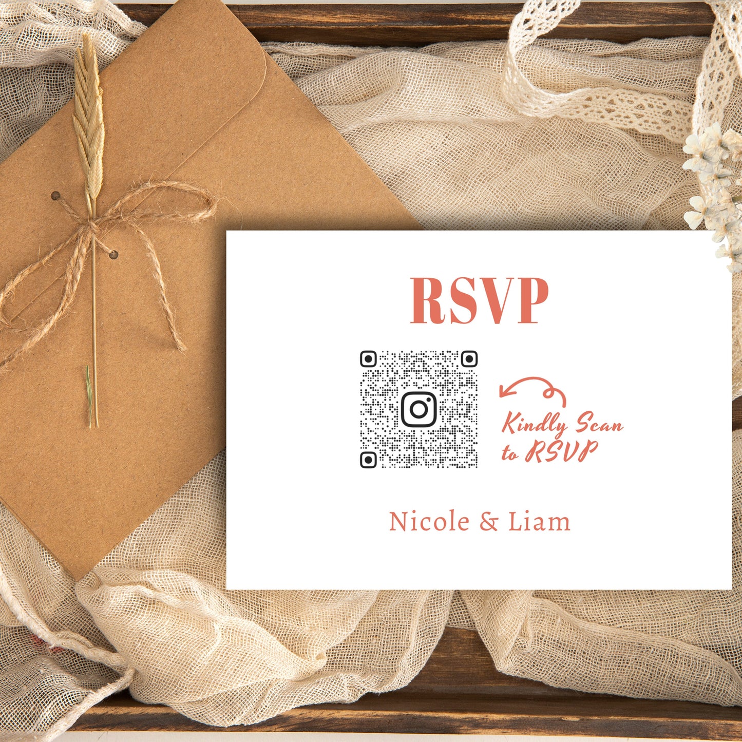 RSVP Card with QR Code Bold Retro Terracotta Wedding Template, Modern Minimalist Editable Details, orange, Edit with TEMPLETT, 5x3.5, BW002