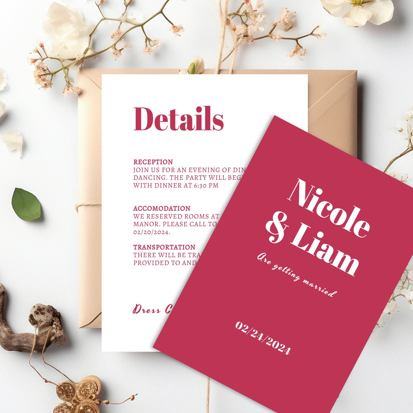 Bold Viva Magenta Wedding Invite Template, Modern Minimalist Editable Invite Details, orange, Edit with TEMPLETT, 4x6, 5x7, Evite, BW003