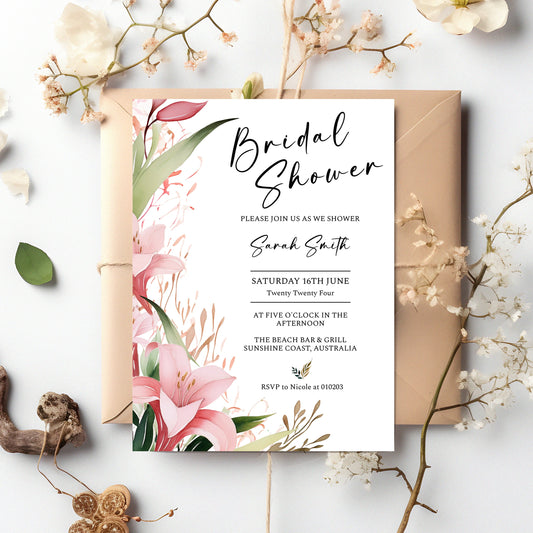 Pink Lily Bridal Shower Invitation, Spring Wedding, Gorgeous floral wedding, pink flowers, foliage, outdoor nuptials, 5x7, 4x6, Evite WM002