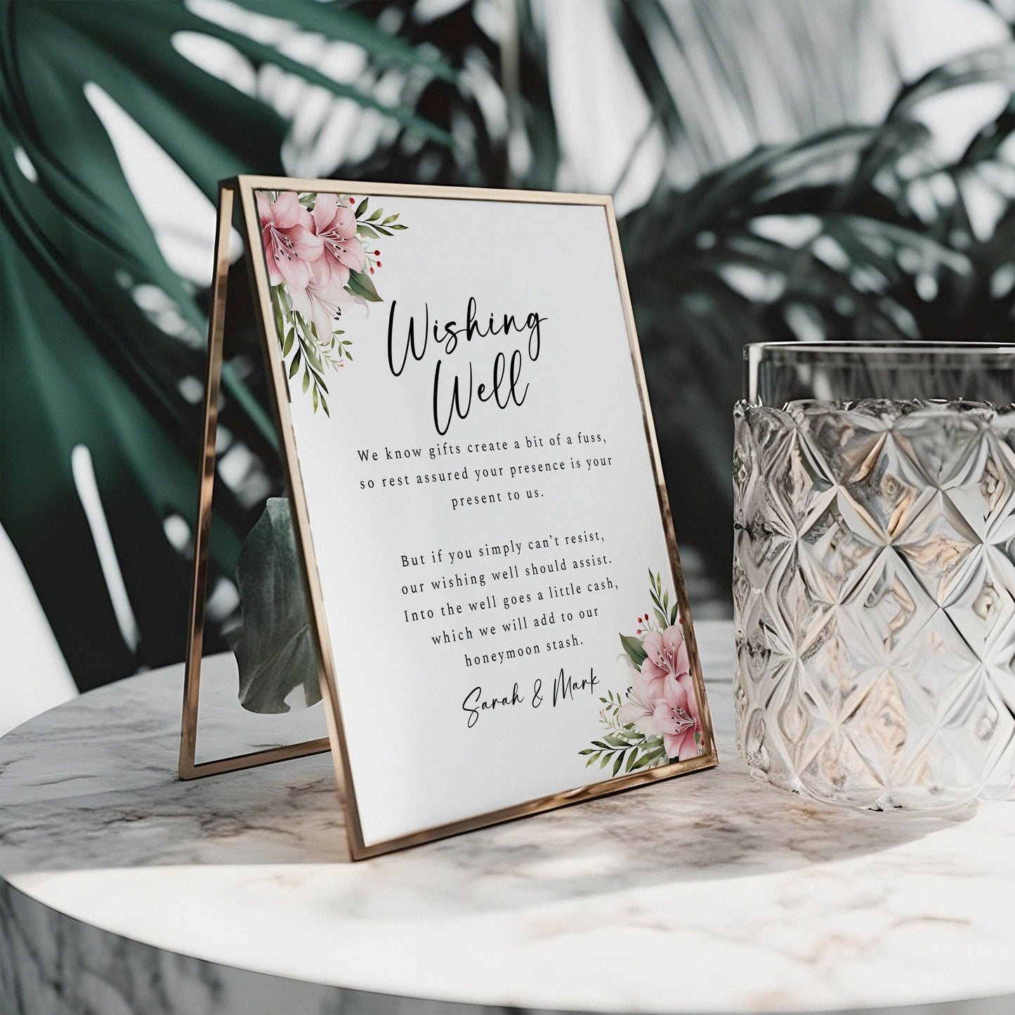 Wishing Well Template, Editable Watercolour pink florals, Customisable Spring wedding table sign, Lily flowers, Garden wedding, 8x10 WM002