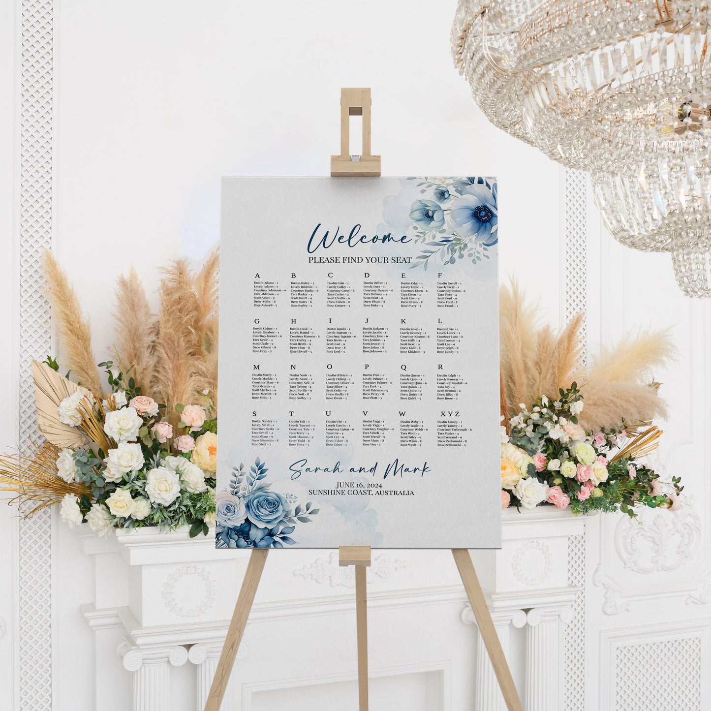 Dusty blue floral seating plan template, minimalist Spring wedding theme, Large editable sign, easy to customise design, Seat chart, WM006