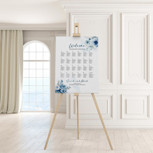 Dusty blue floral seating plan template, minimalist Spring wedding theme, Large editable sign, easy to customise design, Seat chart, WM006