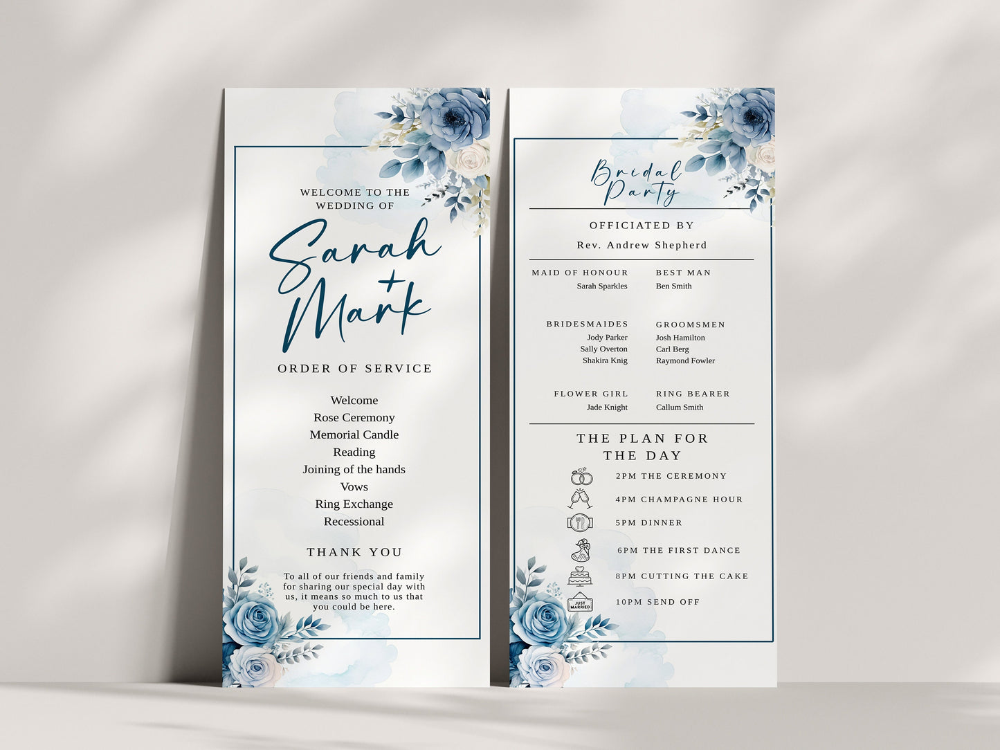 Wedding program editable invitation, Dusty Blue Floral Wedding Stationery, Easy to edit template, wedding schedule, 4x9, Custom DIY, WM006