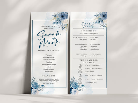 Wedding program editable invitation, Dusty Blue Floral Wedding Stationery, Easy to edit template, wedding schedule, 4x9, Custom DIY, WM006