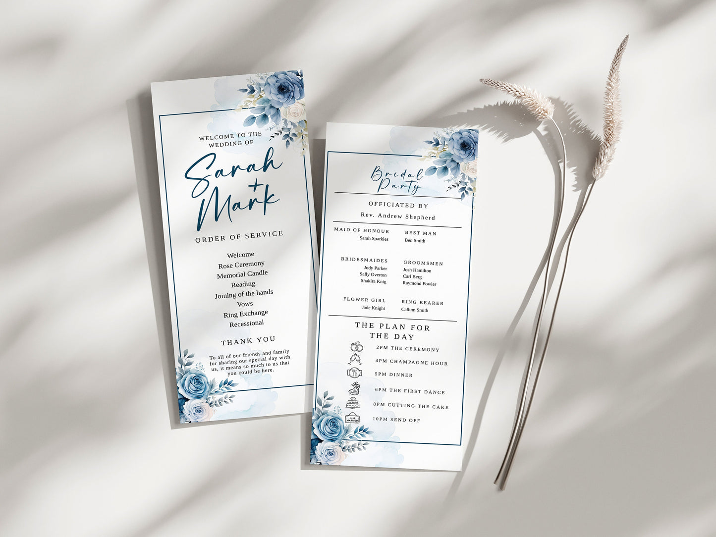 Wedding program editable invitation, Dusty Blue Floral Wedding Stationery, Easy to edit template, wedding schedule, 4x9, Custom DIY, WM006