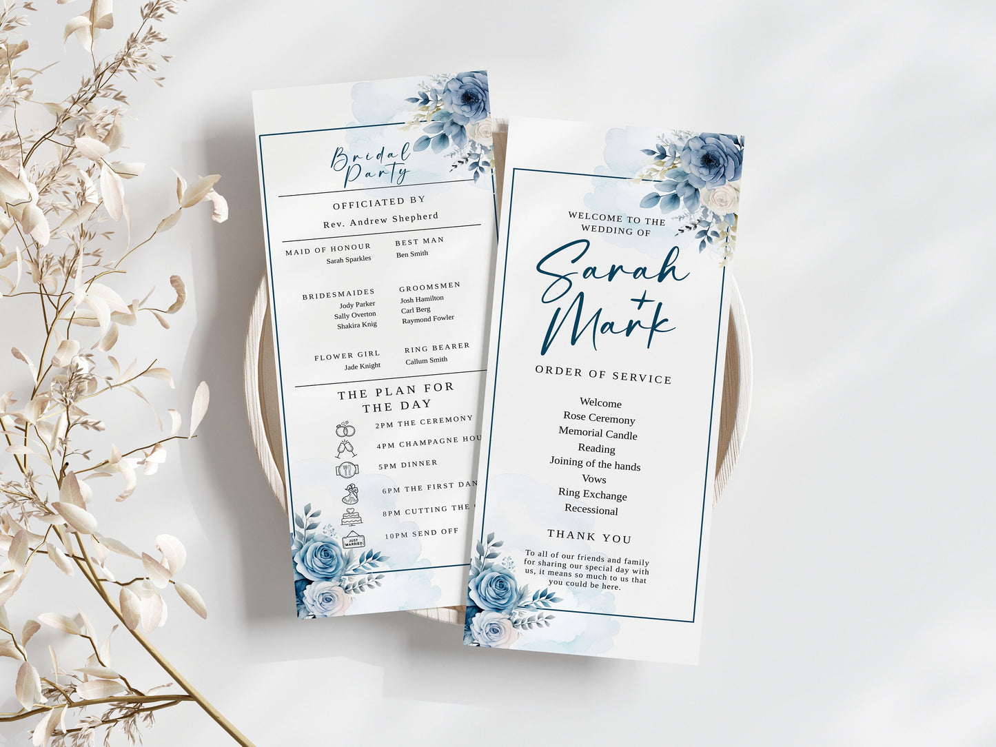 Wedding program editable invitation, Dusty Blue Floral Wedding Stationery, Easy to edit template, wedding schedule, 4x9, Custom DIY, WM006