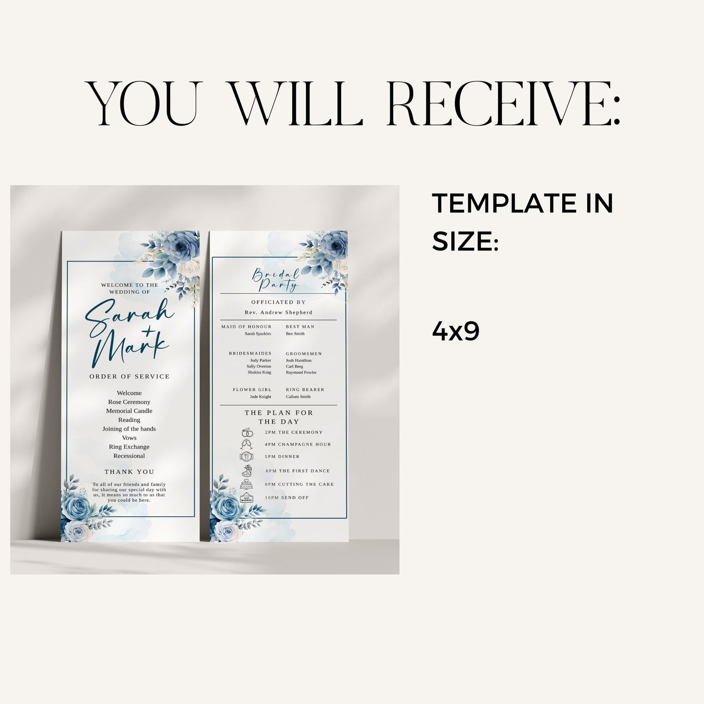 Wedding program editable invitation, Dusty Blue Floral Wedding Stationery, Easy to edit template, wedding schedule, 4x9, Custom DIY, WM006