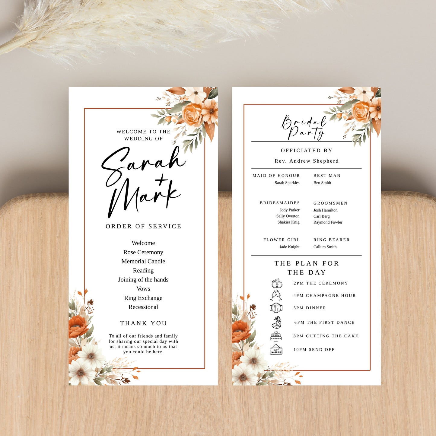 Terracotta wedding program editable invitation, Floral Wedding Stationery, Easy to edit template, wedding schedule, 4x9, Custom DIY, WM003