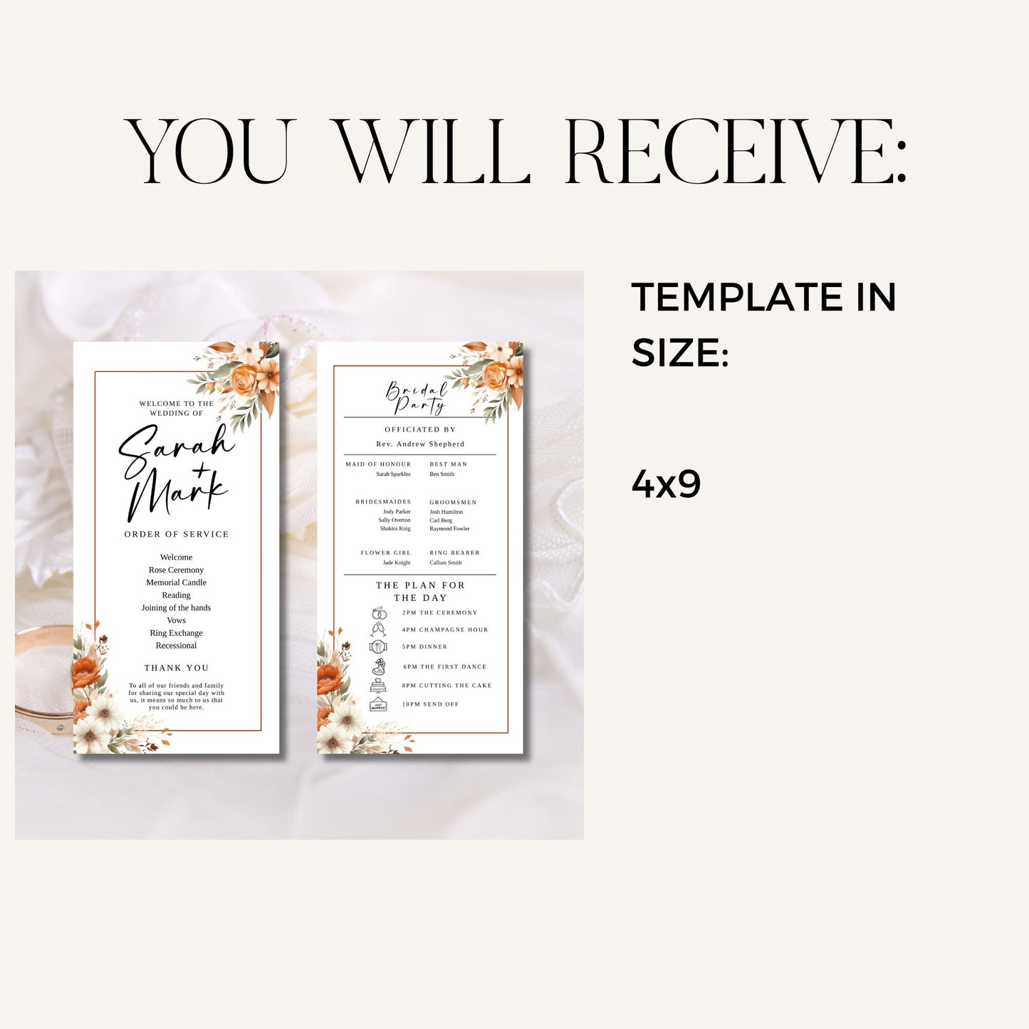 Terracotta wedding program editable invitation, Floral Wedding Stationery, Easy to edit template, wedding schedule, 4x9, Custom DIY, WM003