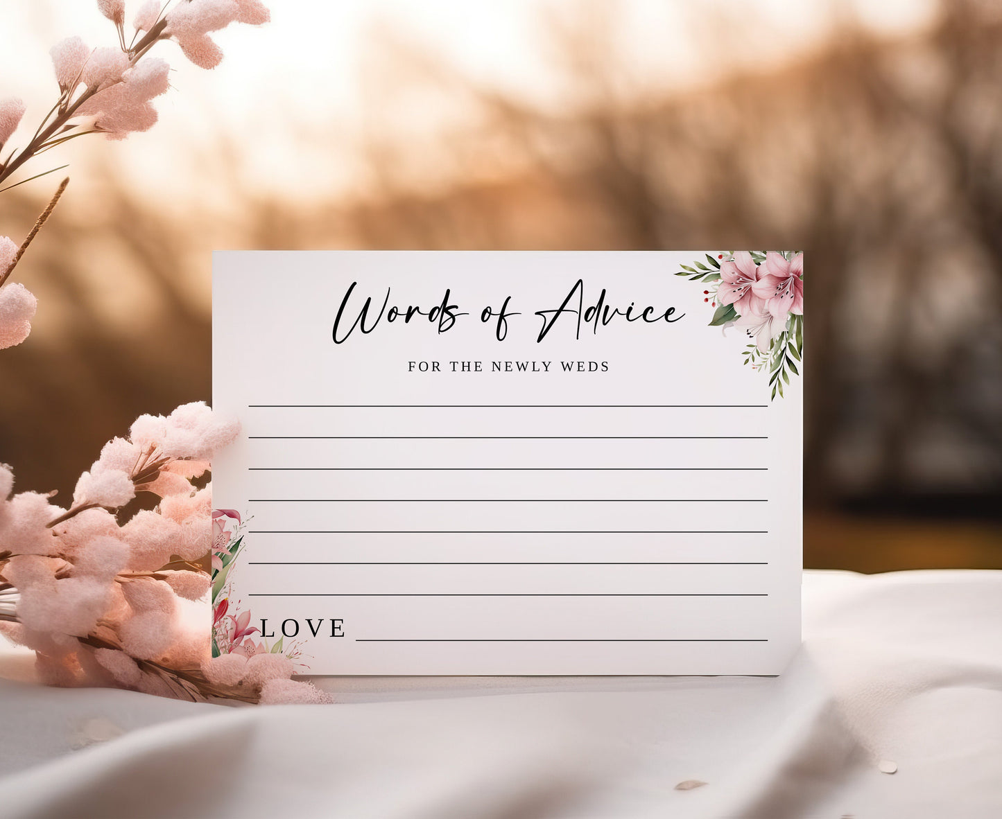 Pink Lily Words of advice card, Spring Wedding, Gorgeous floral wedding, pink flowers, foliage, outdoor nuptials, 5x7 customisable, WM002