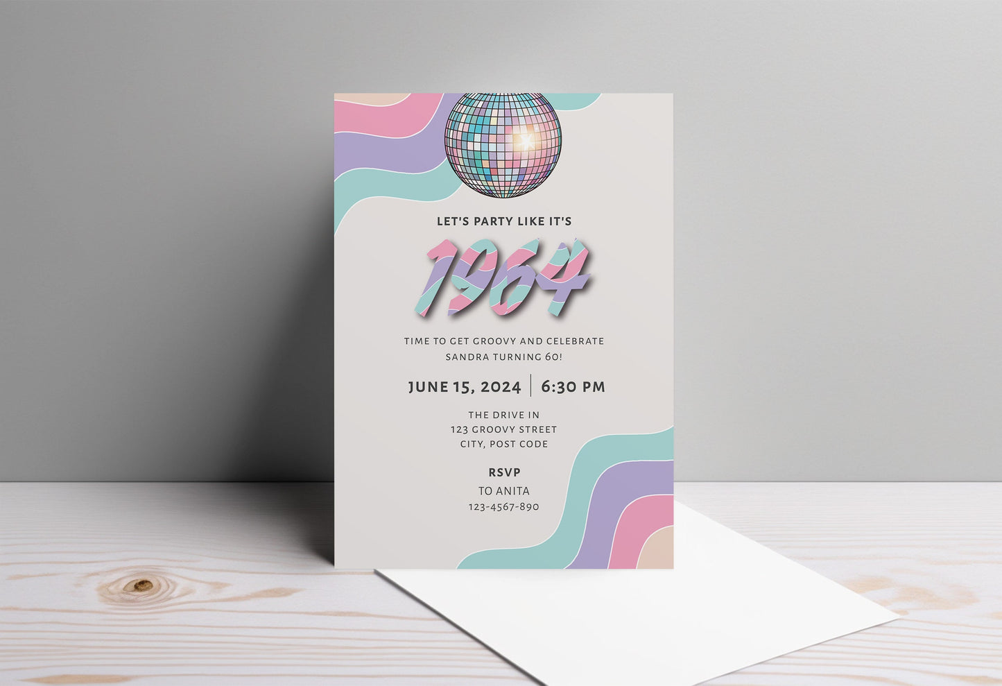 Retro 60th birthday invitation, Pastel colours disco party invite, Editable digital download template, Groovy theme, Discoball clipart, B003