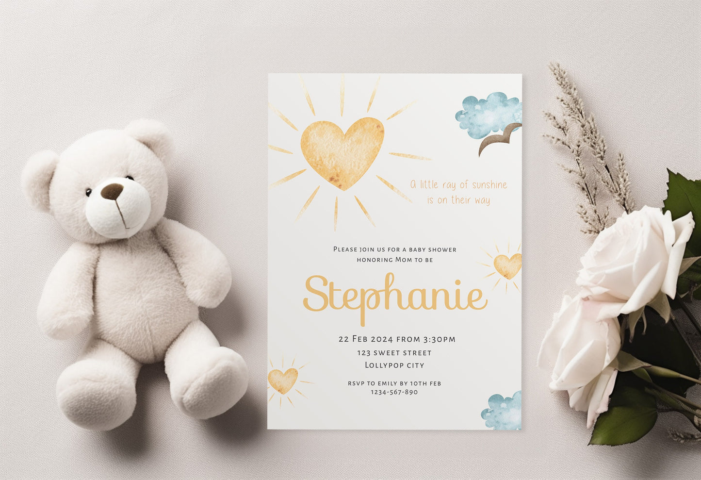 A little ray of sunshine editable baby shower invitation template, boho love heart sun party invite, customisable print, 5x7, 4x6, BS007