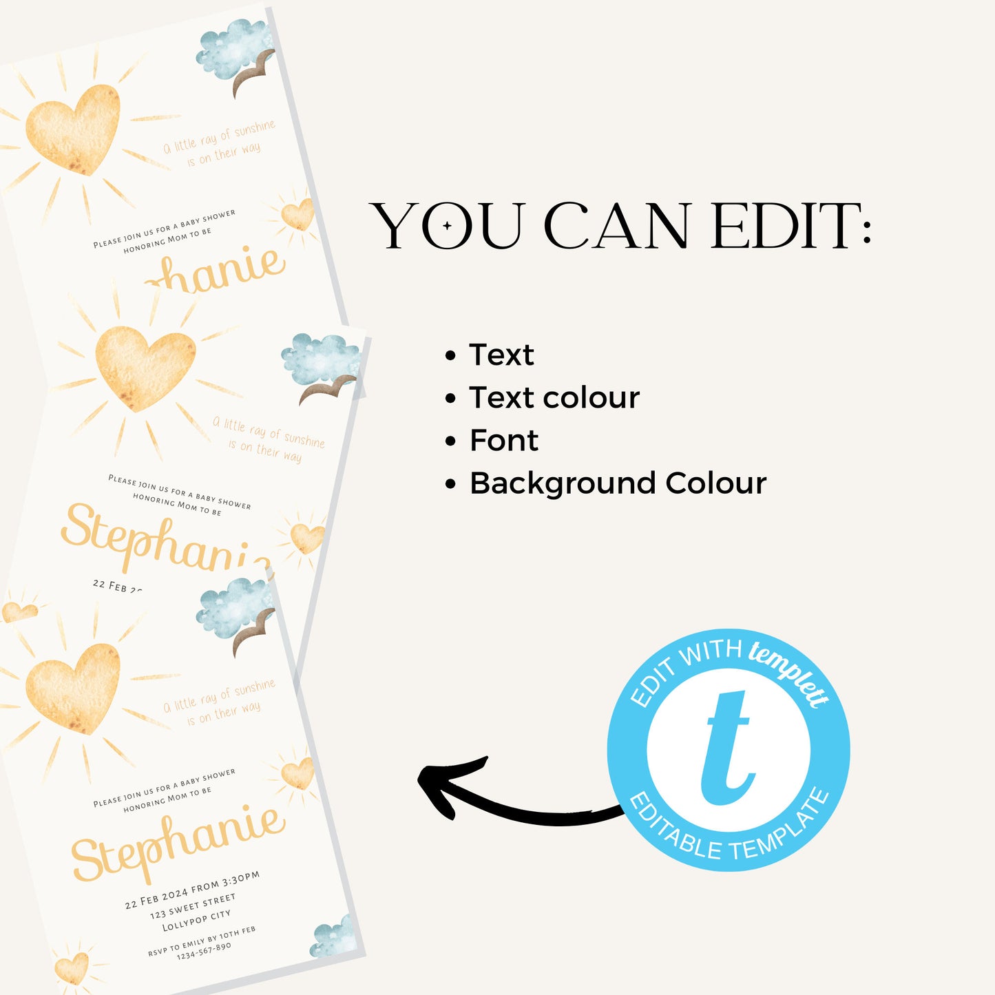 A little ray of sunshine editable baby shower invitation template, boho love heart sun party invite, customisable print, 5x7, 4x6, BS007