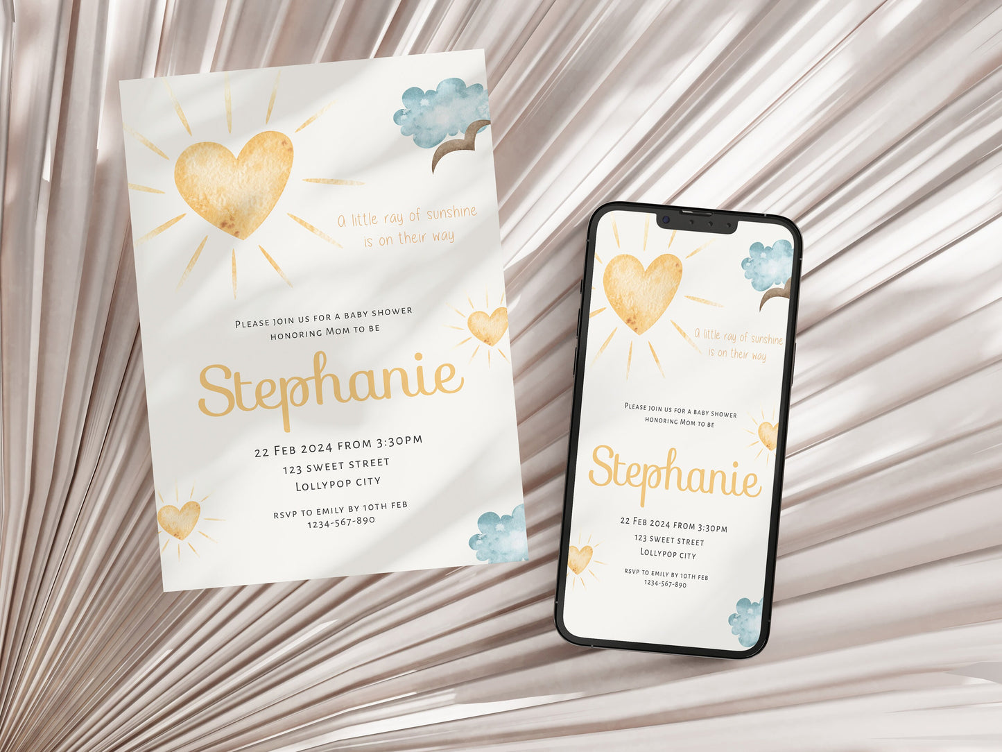 A little ray of sunshine editable baby shower invitation template, boho love heart sun party invite, customisable print, 5x7, 4x6, BS007