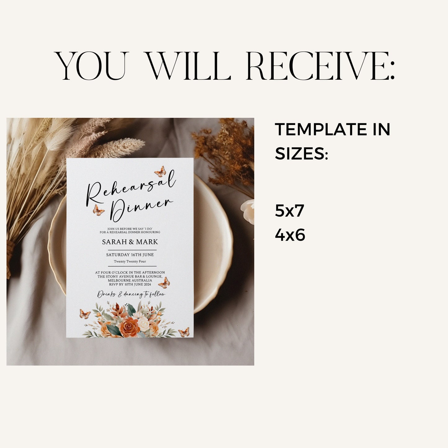 Rehearsal Dinner Invitation Template, Terracotta floral digital dinner invite,Burnt Orange Flowers, Edit with TEMPLETT, 4x6,5x7 WM003