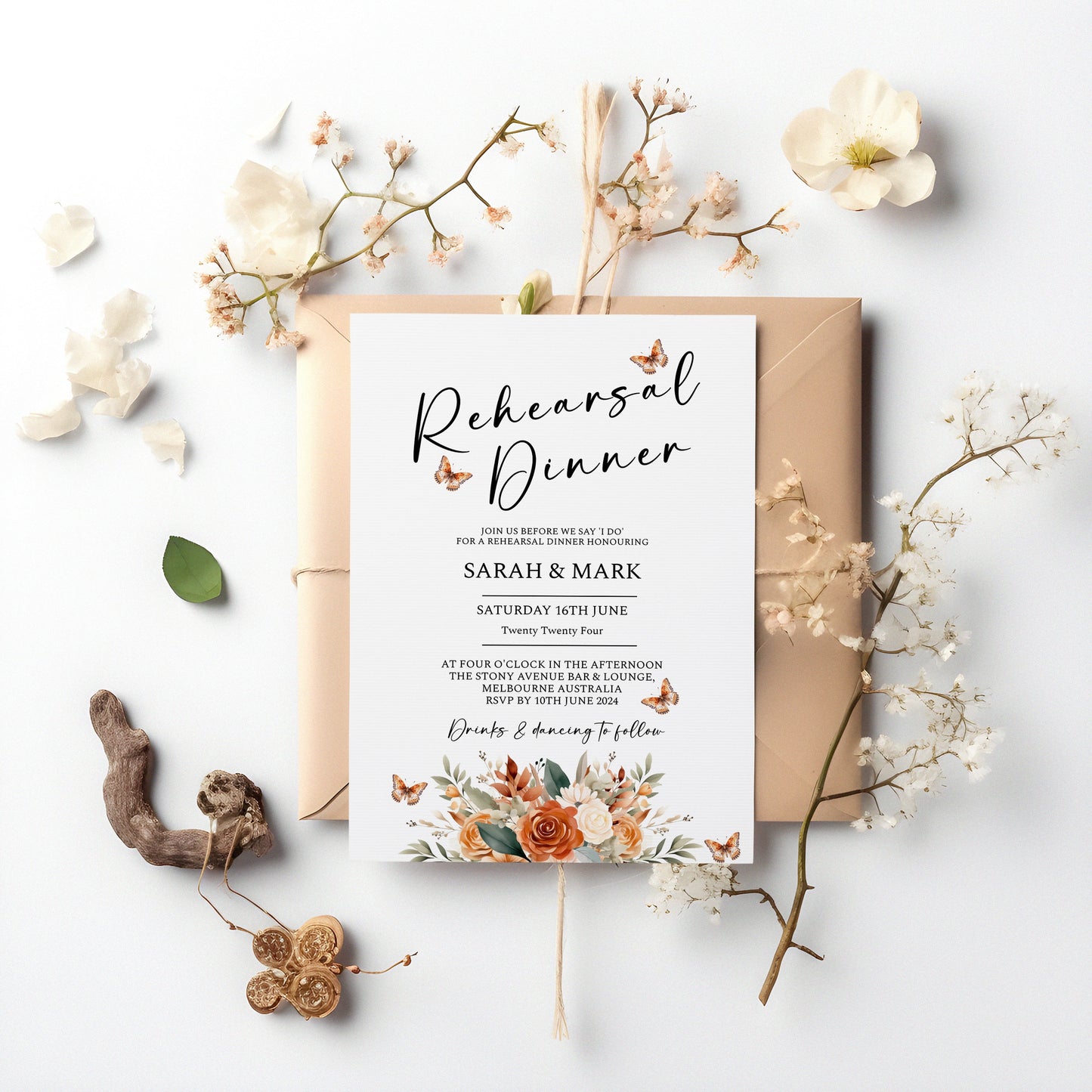 Rehearsal Dinner Invitation Template, Terracotta floral digital dinner invite,Burnt Orange Flowers, Edit with TEMPLETT, 4x6,5x7 WM003