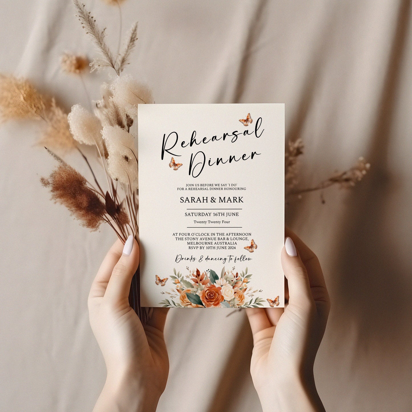 Rehearsal Dinner Invitation Template, Terracotta floral digital dinner invite,Burnt Orange Flowers, Edit with TEMPLETT, 4x6,5x7 WM003