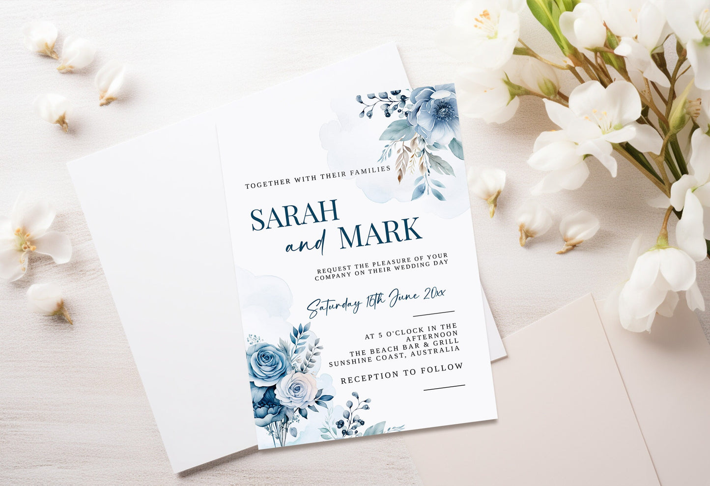 Wedding Editable Photo Invitation, Dusty Blue Flowers Wedding Stationery, Easy to edit template, Bridal garden party, Custom DIY, WM006