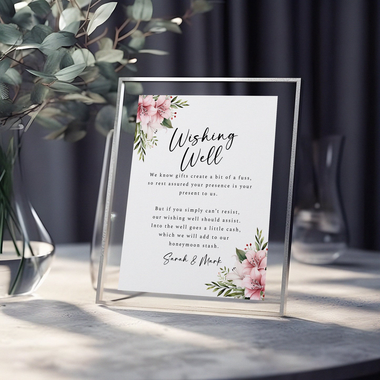 Wishing Well Template, Editable Watercolour pink florals, Customisable Spring wedding table sign, Lily flowers, Garden wedding, 8x10 WM002