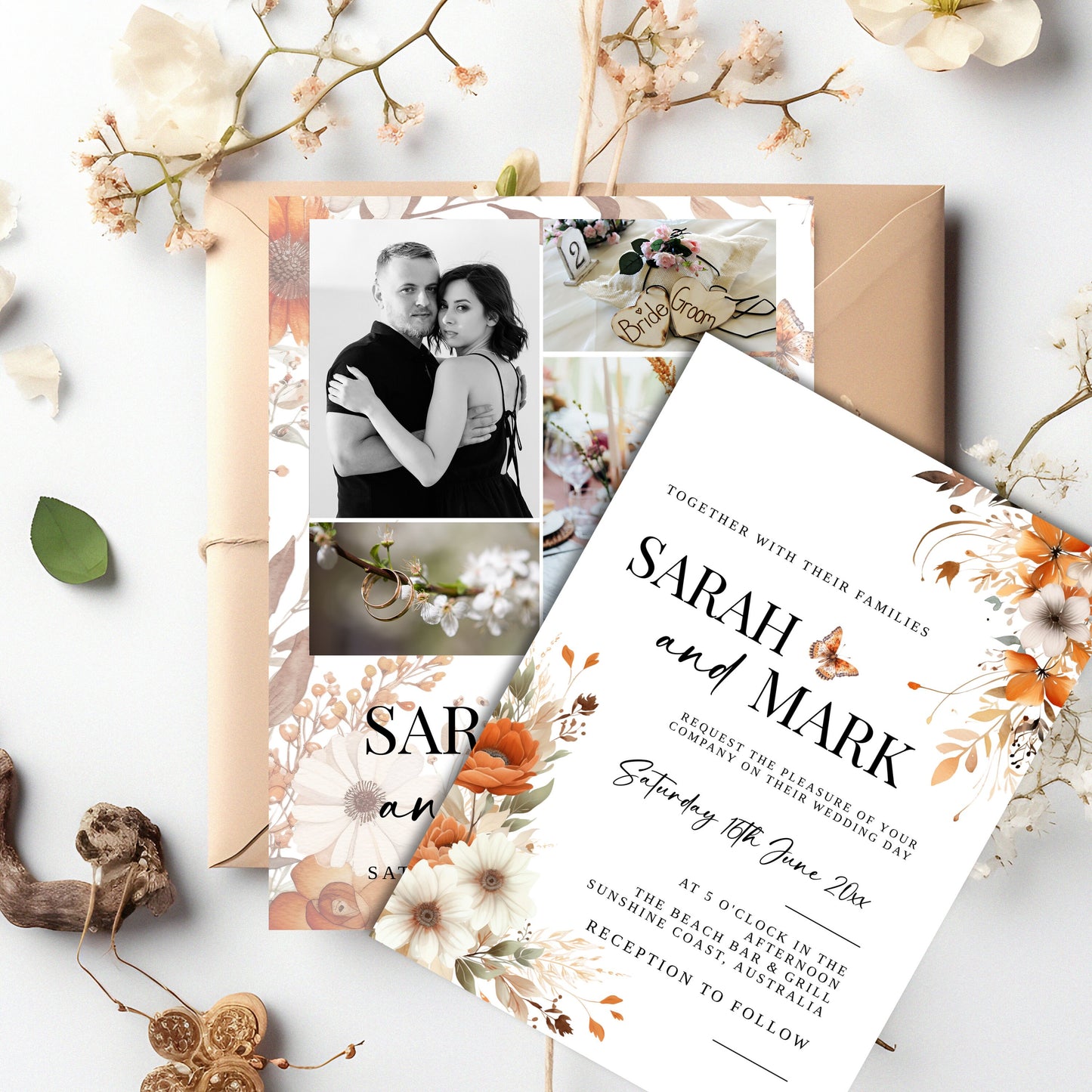 Wedding Editable Photo Invitation, Terracorra Flowers Wedding Stationery, Easy to edit template, Bridal fall garden party, Custom DIY, WM003