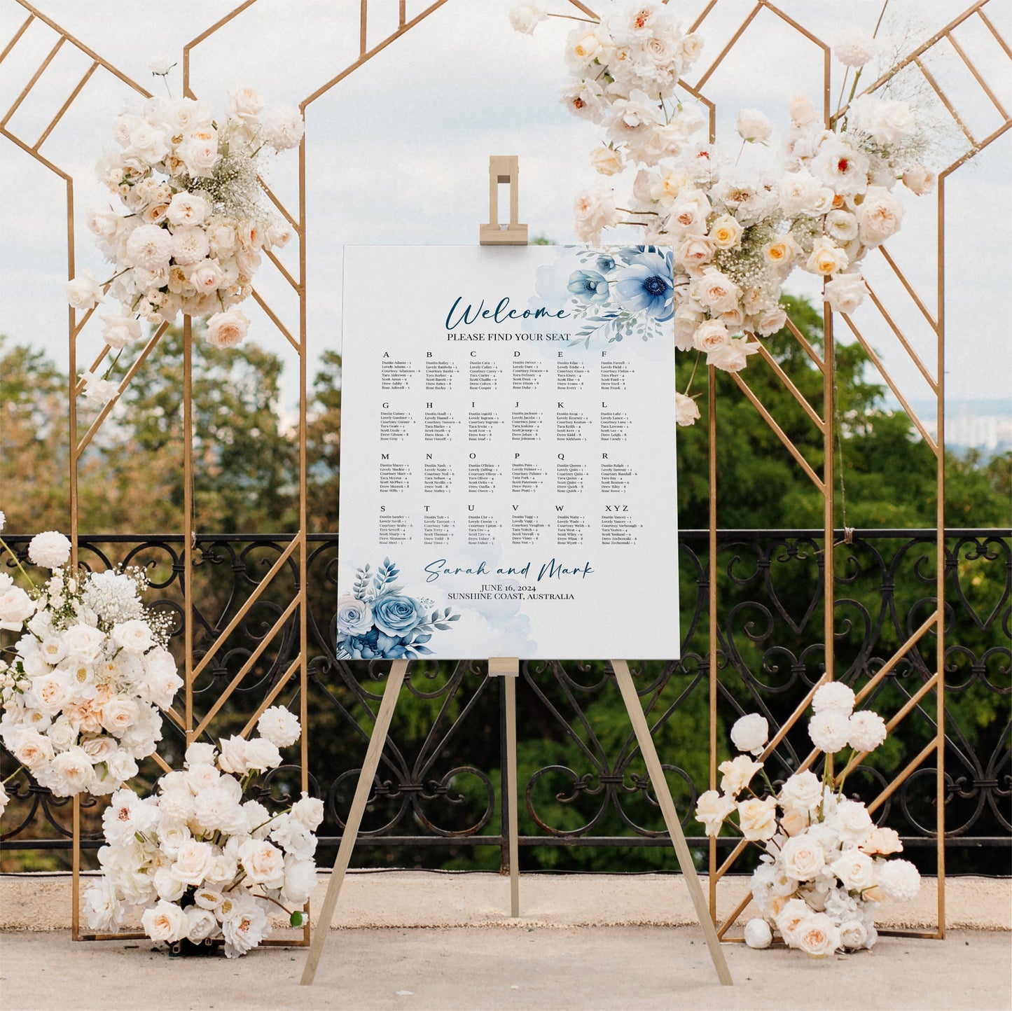 Dusty blue floral seating plan template, minimalist Spring wedding theme, Large editable sign, easy to customise design, Seat chart, WM006