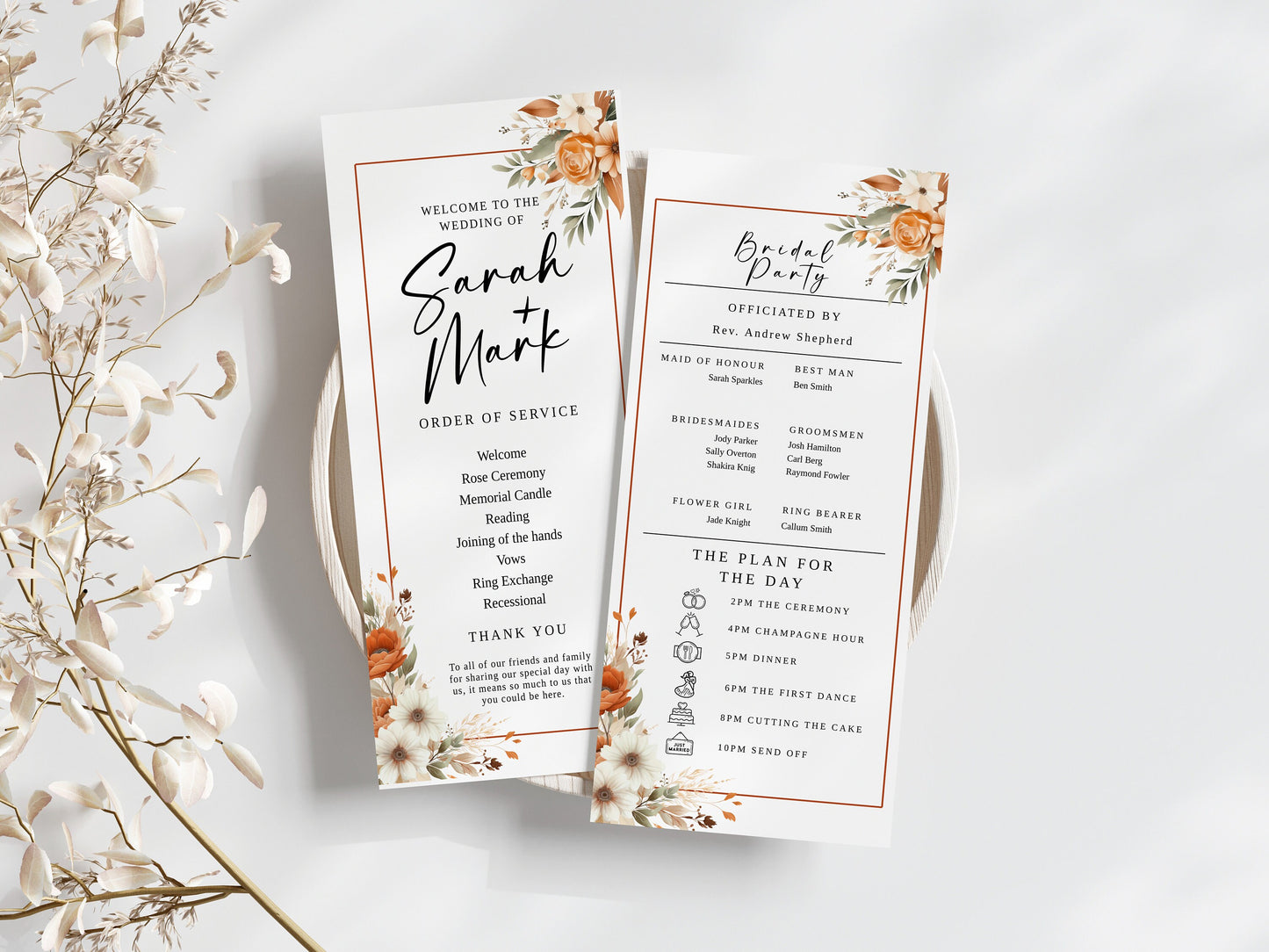 Terracotta wedding program editable invitation, Floral Wedding Stationery, Easy to edit template, wedding schedule, 4x9, Custom DIY, WM003