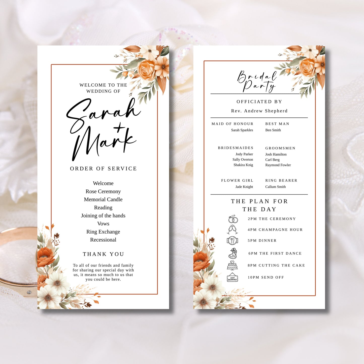 Terracotta wedding program editable invitation, Floral Wedding Stationery, Easy to edit template, wedding schedule, 4x9, Custom DIY, WM003