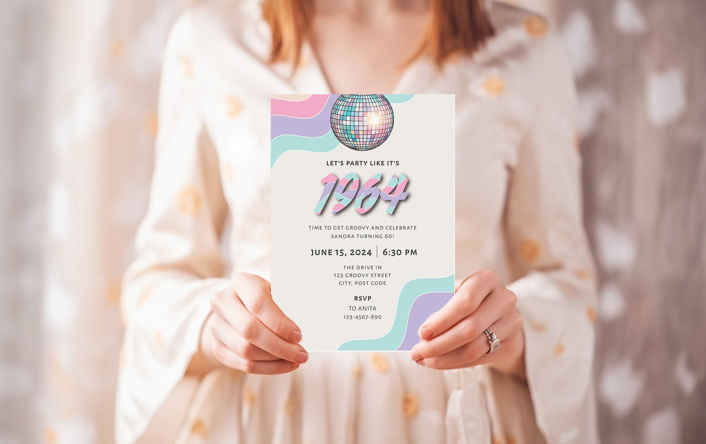 Retro 60th birthday invitation, Pastel colours disco party invite, Editable digital download template, Groovy theme, Discoball clipart, B003