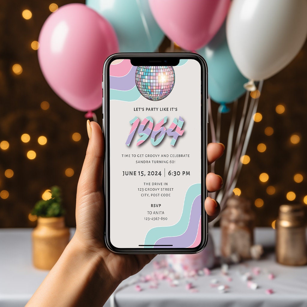 Retro 60th birthday invitation, Pastel colours disco party invite, Editable digital download template, Groovy theme, Discoball clipart, B003