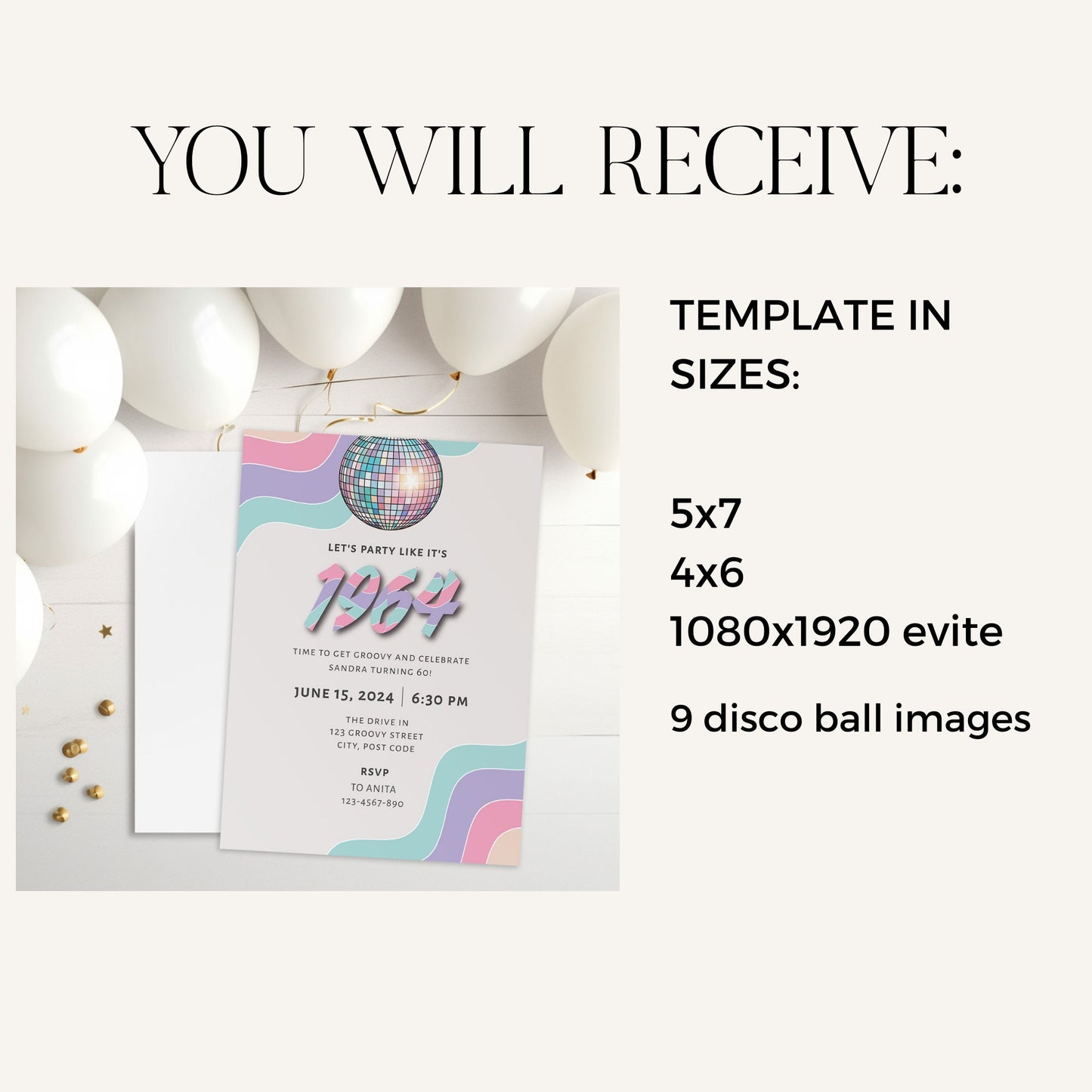 Retro 60th birthday invitation, Pastel colours disco party invite, Editable digital download template, Groovy theme, Discoball clipart, B003