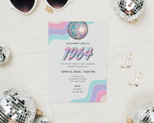 Retro 60th birthday invitation, Pastel colours disco party invite, Editable digital download template, Groovy theme, Discoball clipart, B003