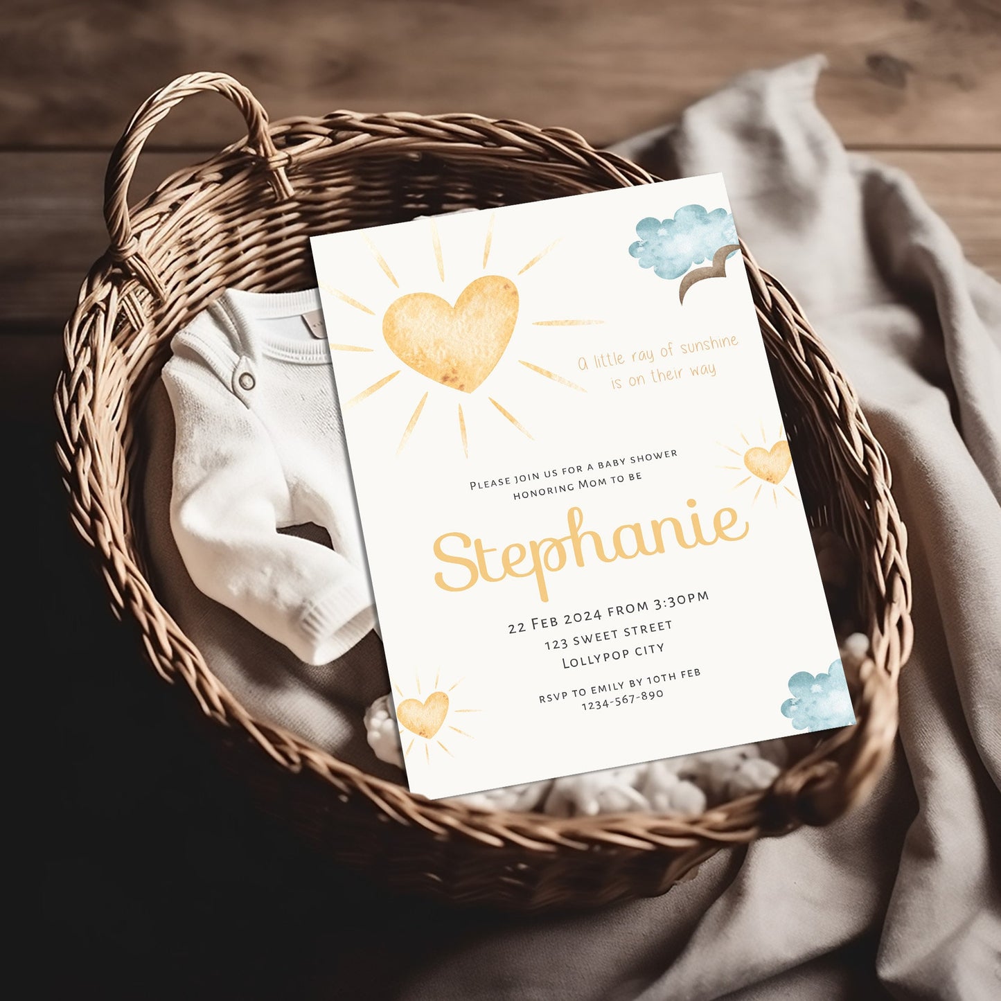 A little ray of sunshine editable baby shower invitation template, boho love heart sun party invite, customisable print, 5x7, 4x6, BS007